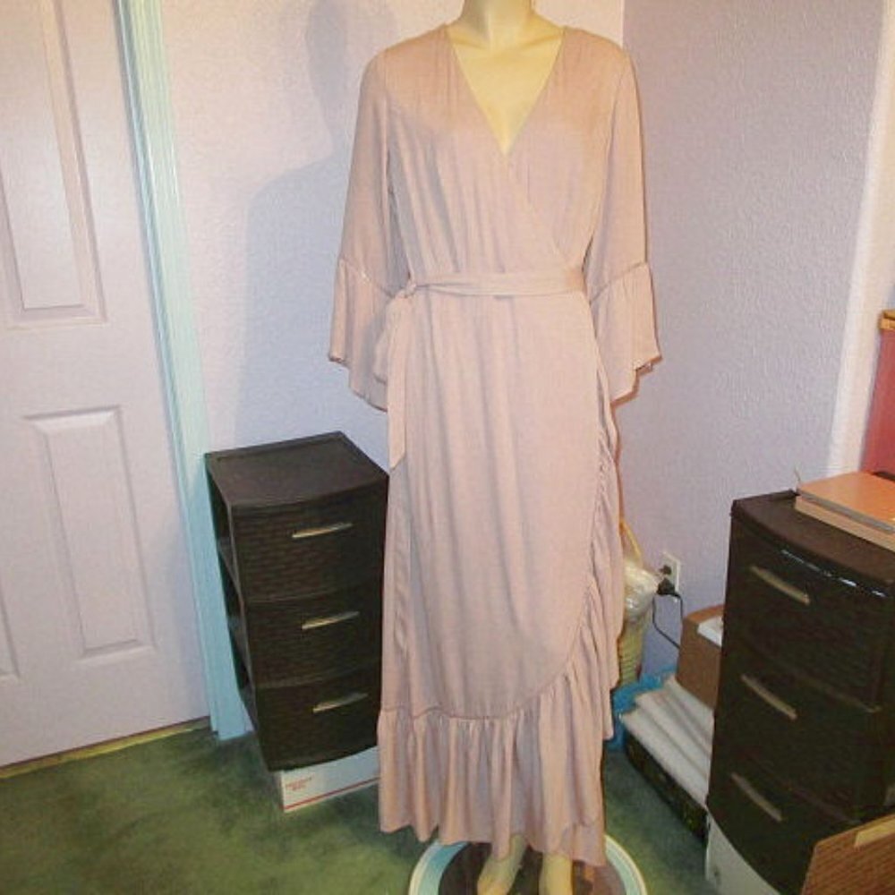 In Loom Gauze Tiered Maxi Dress Size L Ruffle Wrap Bell Sleeves Rose Cottagecore